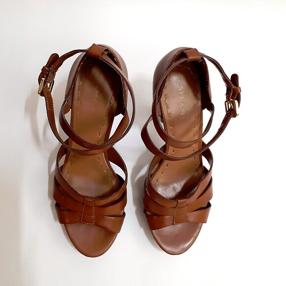 TAHARI Platform Heel Sandals with Cross Strap in Brown Tan Faux Leather - Picture 5 of 13